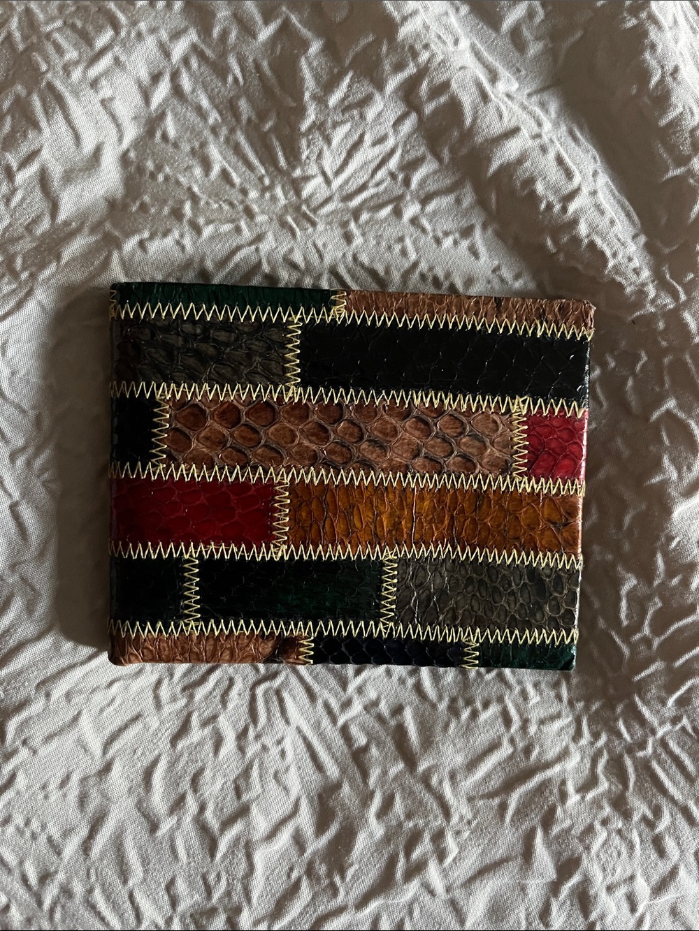 Vintage Patchwork Exotic Leather Bifold Wallet in Black, Brown, Red, Green